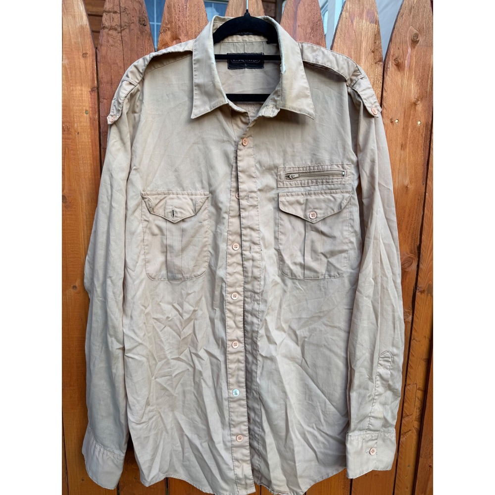 Vintage Esquire Tan Khaki Safari Military Utility Shirt Mens Large Epaulets